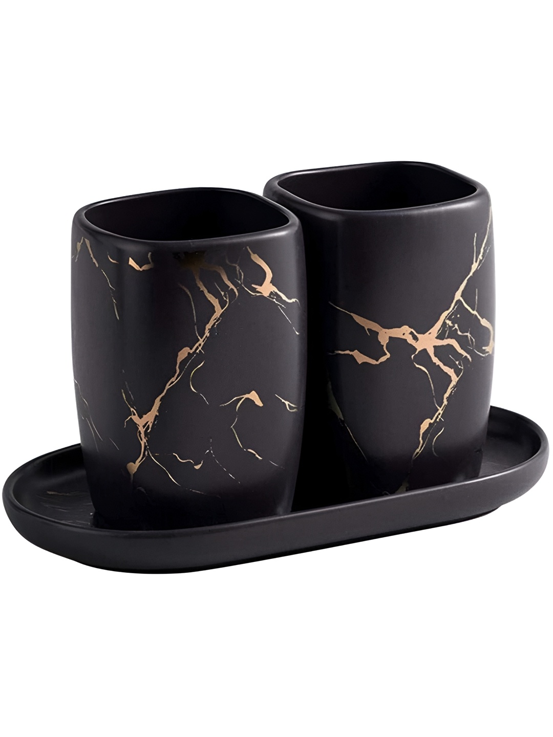 

FabSeasons Black & Gold-Toned 3 Pcs Abstract Printed Ceramic Toothbrush Holder With Plate