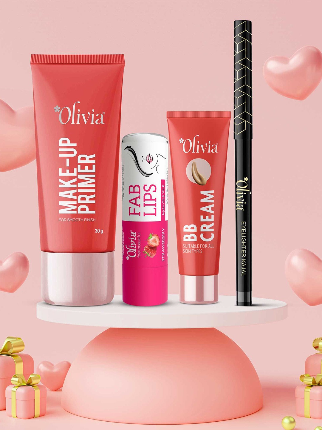 

Olivia Set Of 4 Basic Makeup Look With Primer, BB Cream, Kajal & Lip Balm, Pink