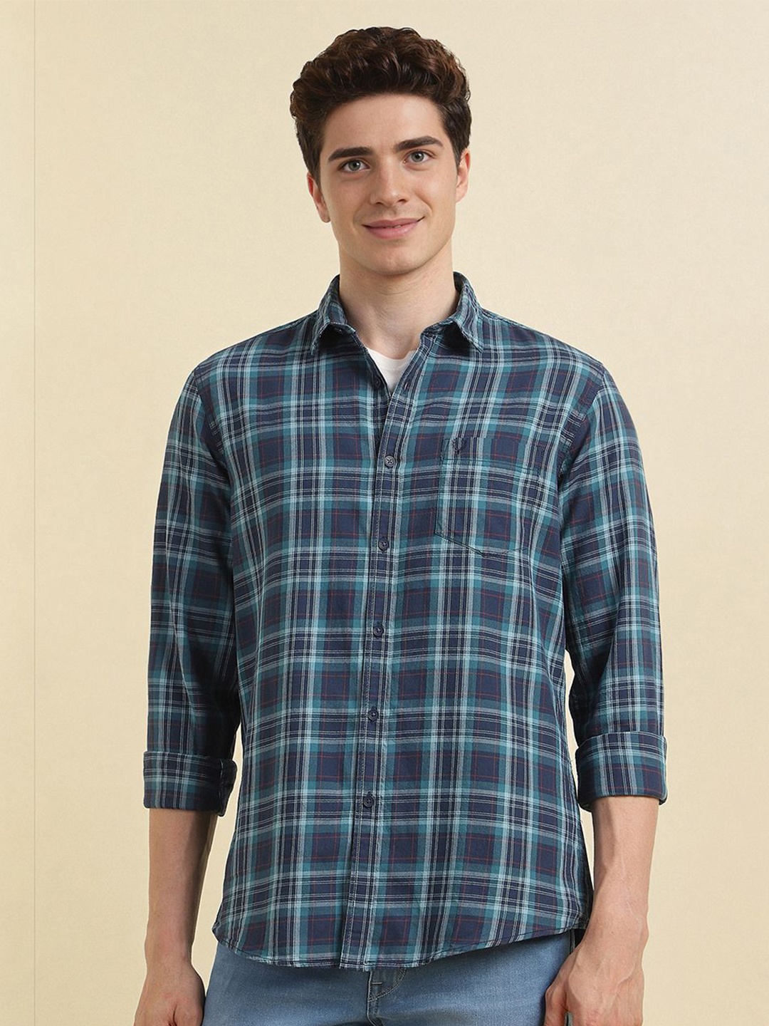

Allen Solly Men Spread Collar Tartan Checked Cotton Casual Shirt, Navy blue