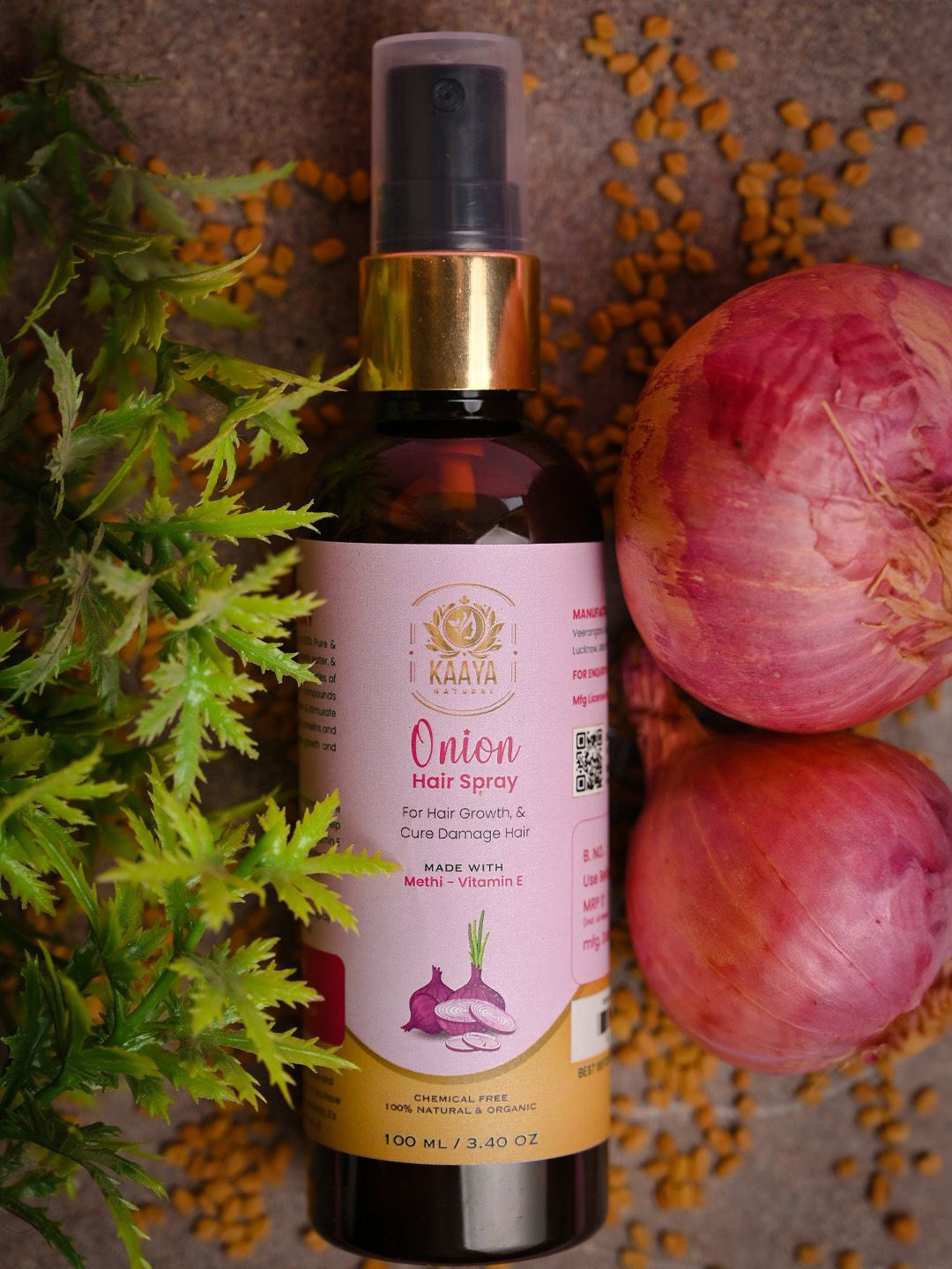 

Kaaya Natural Onion Hair Spray Infused With Methi Water & Vitamin E - 100 ml, Pink