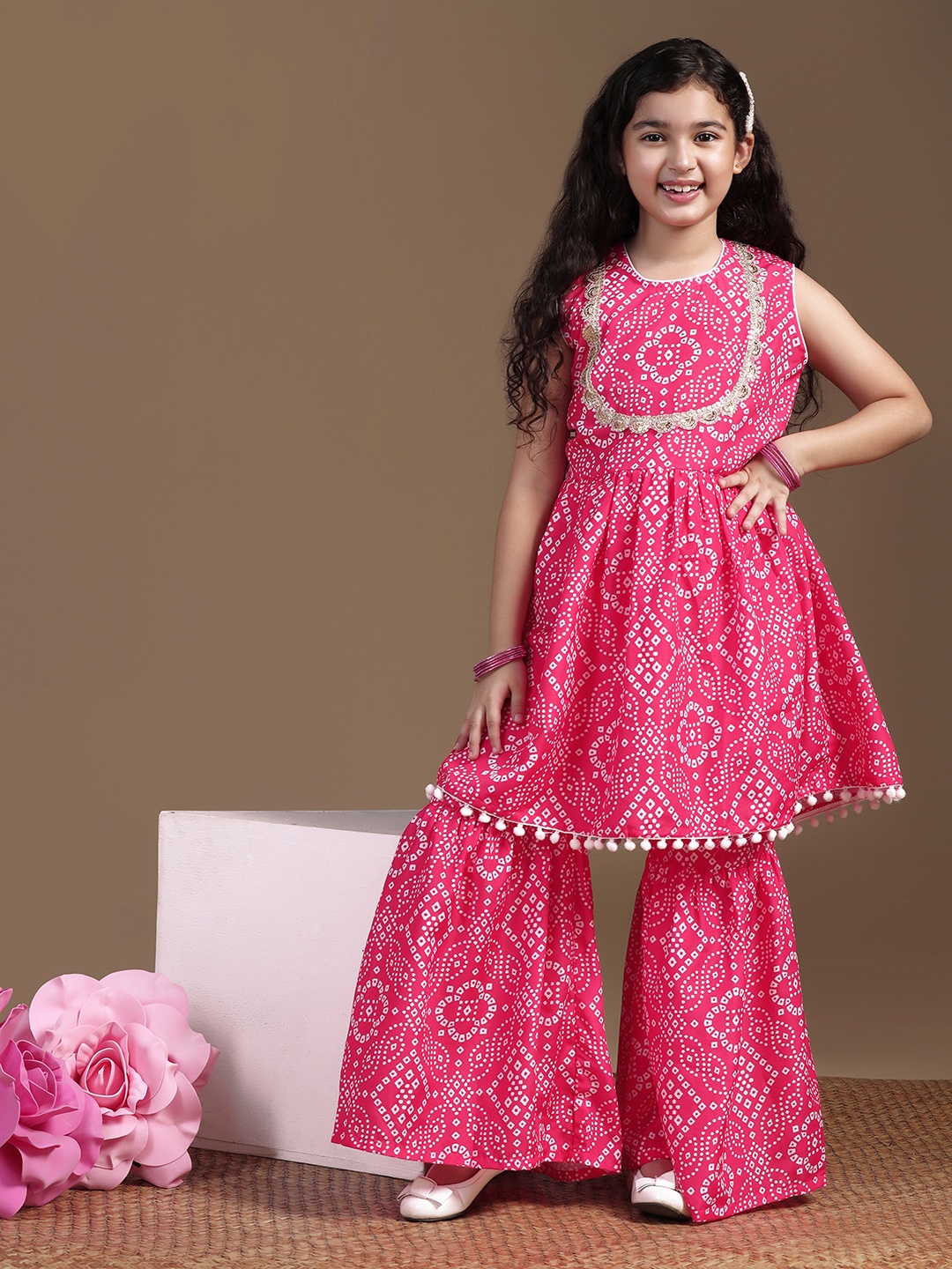 

Sangria Girls Pink Bandhani Printed Round Neck A-Line Kurta With Sharara