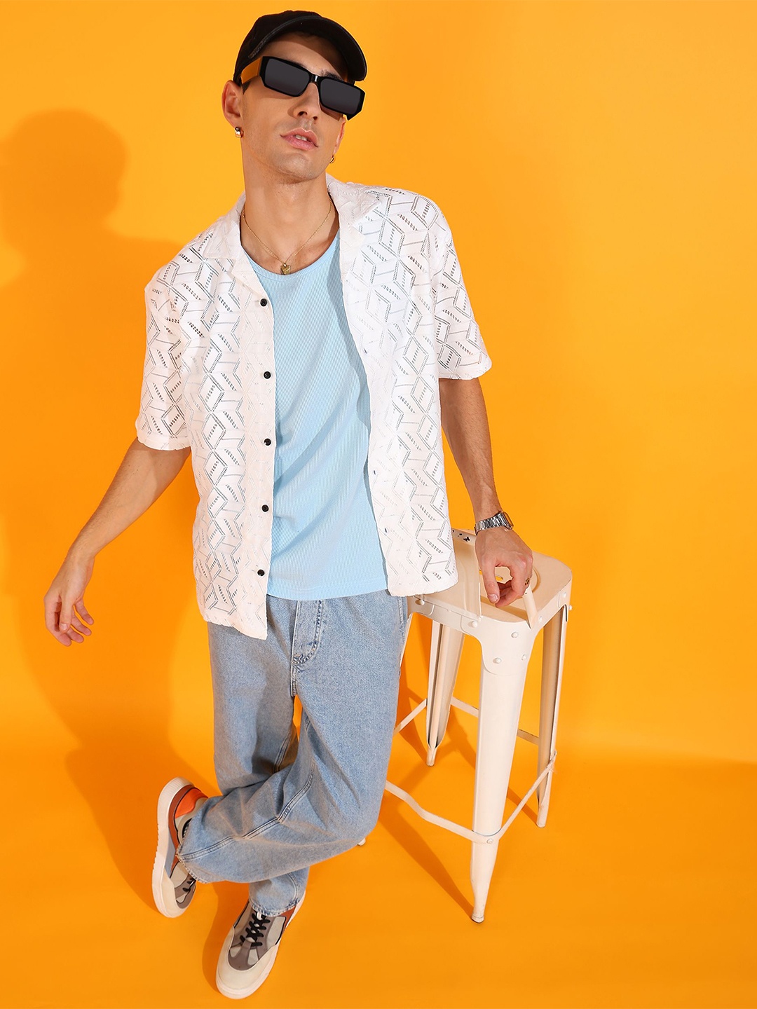 

INDICLUB Men Relaxed Fit Cuban Collar Textured Casual Shirt, White