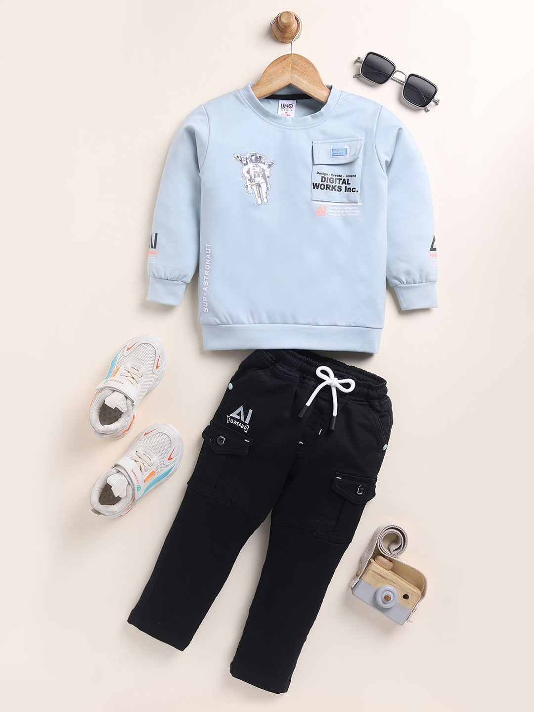 

Annie Boys Typography Printed Pure Cotton Sweatshirt With Trousers, Blue