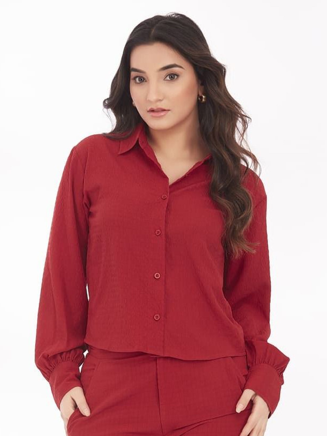 

KAIN Women Spread Collar Solid Casual Shirt, Red