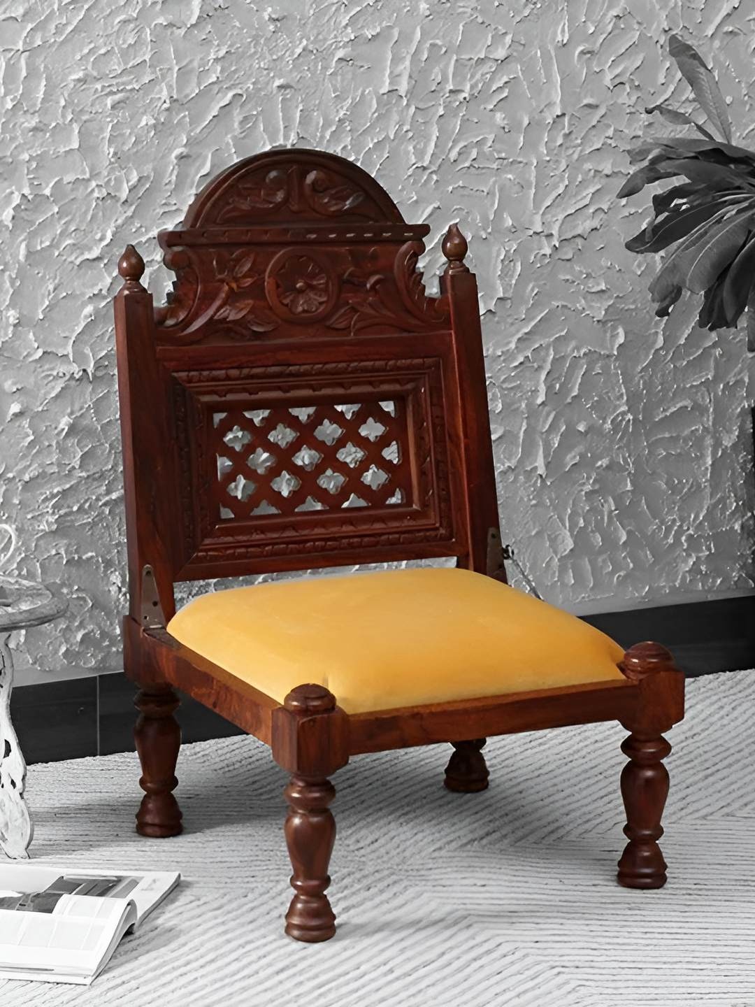 

GLOBALLY INDIAN Yellow & Brown Accent-Style Wooden Lounge Chair