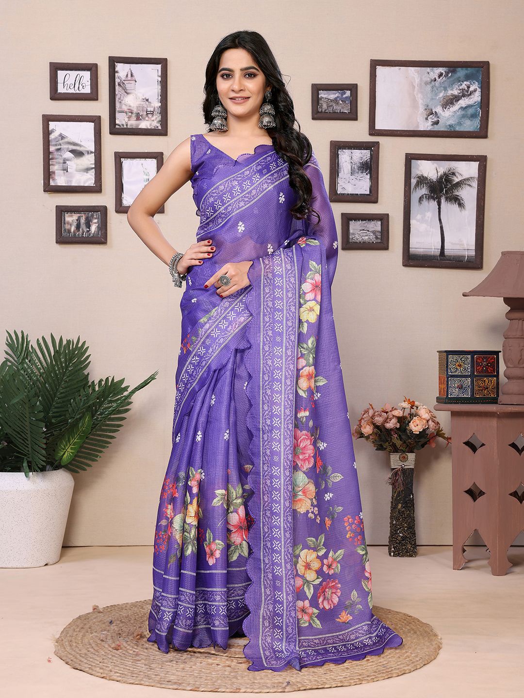 

DIVASTRI Floral Printed Embroidered Ready to Wear Saree, Purple