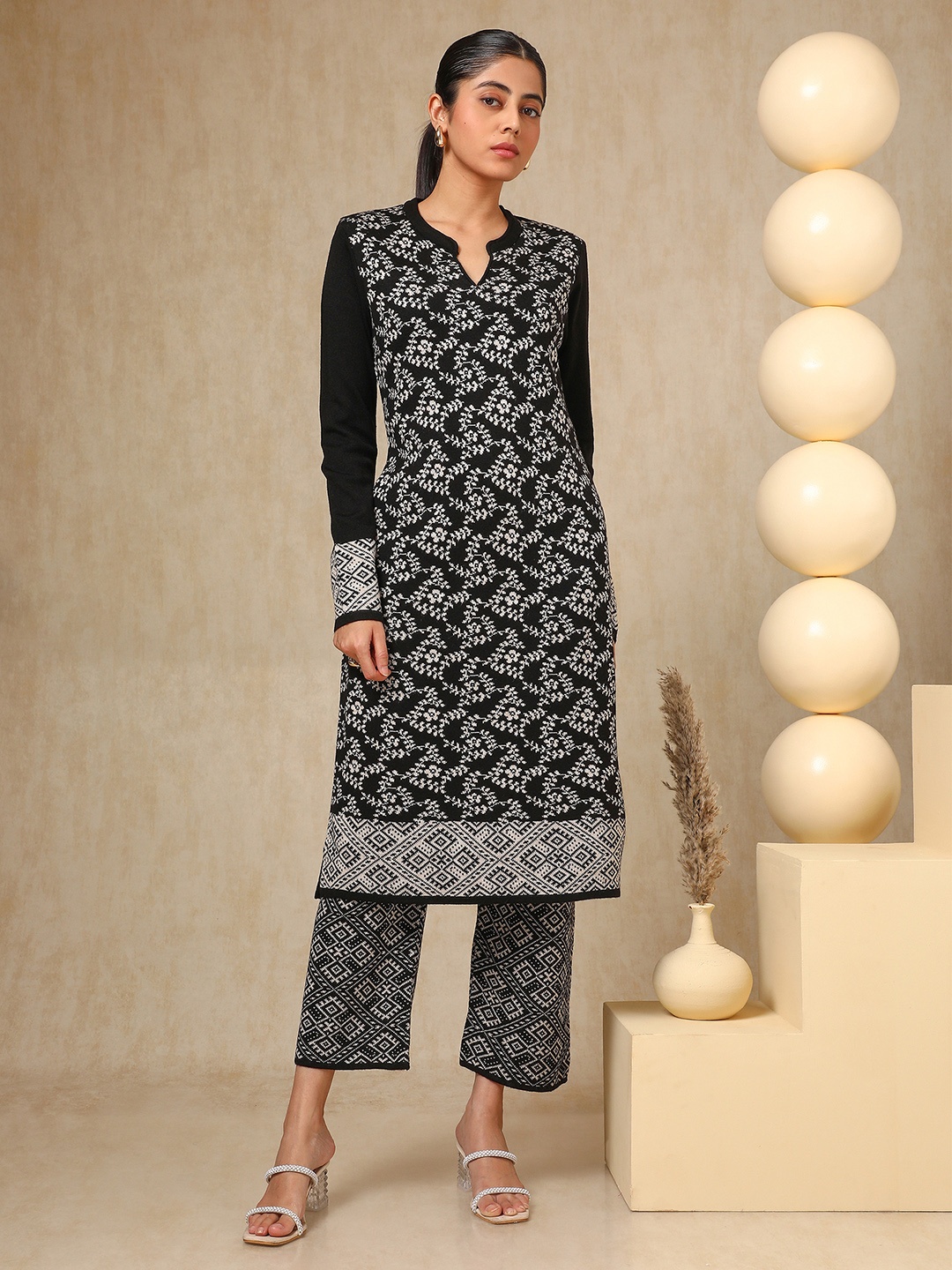 

Soch Black Floral Woven Design Mandarin Collar Acrylic Straight Kurta With Trouser
