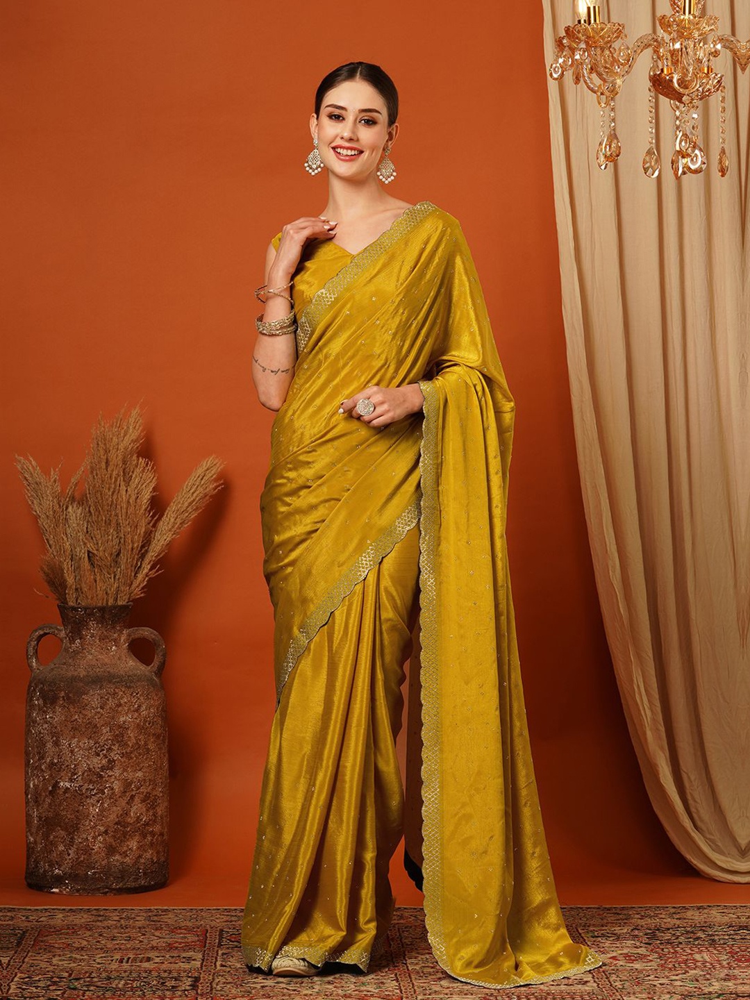 

DIVASTRI Embellished Beads and Stones Pure Silk Mysore Silk Saree, Mustard