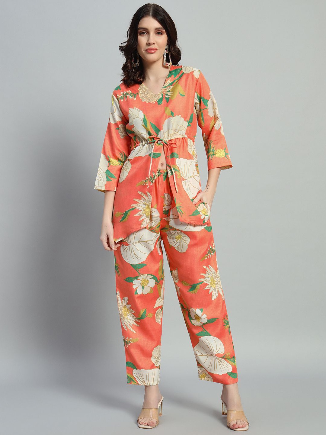 

ROSEMELON Floral Printed V-Neck Top With Trouser, Orange