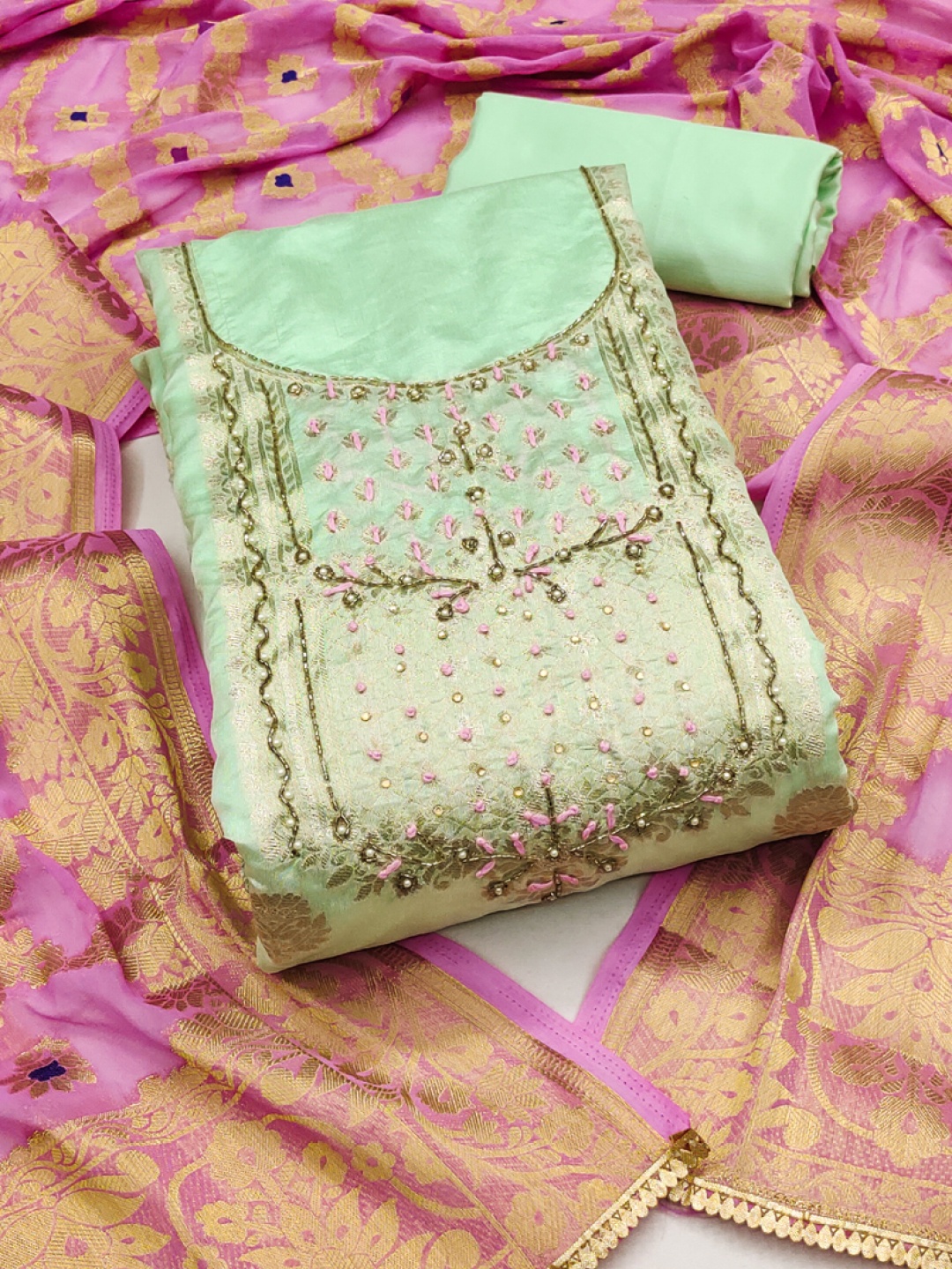 

ASISA Ethnic Motifs Woven Design Beads And Stones Unstitched Dress Material, Sea green