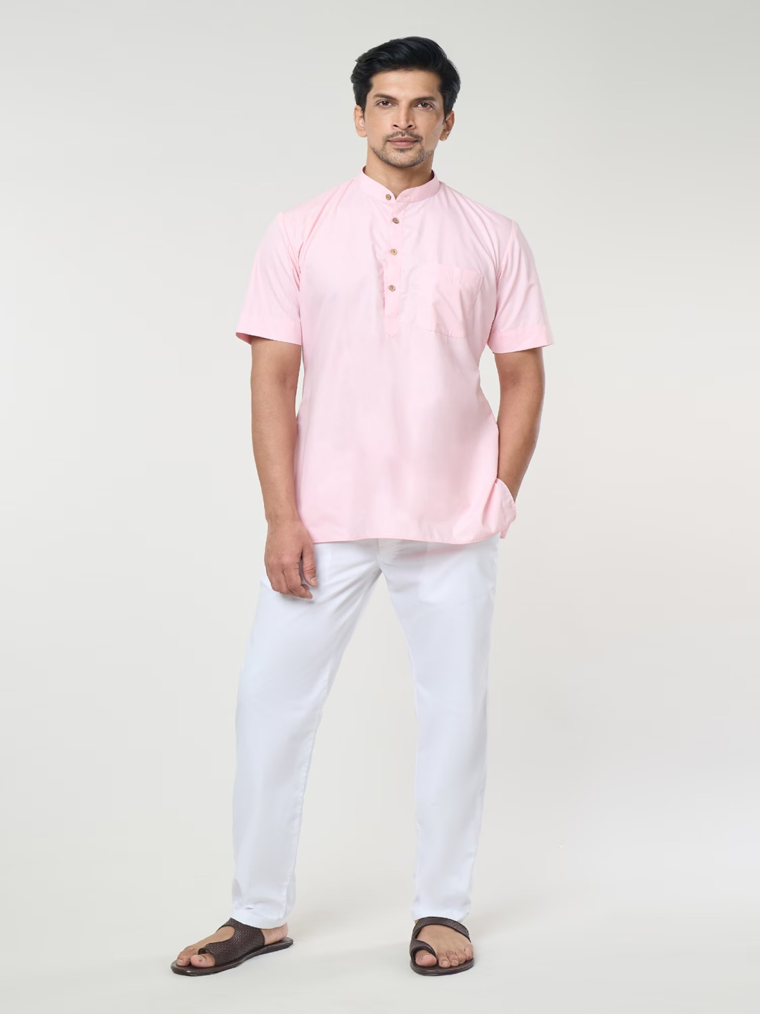 

RNG Safawala Band Collar Straight Pure Cotton Short Kurta With Trousers, Pink