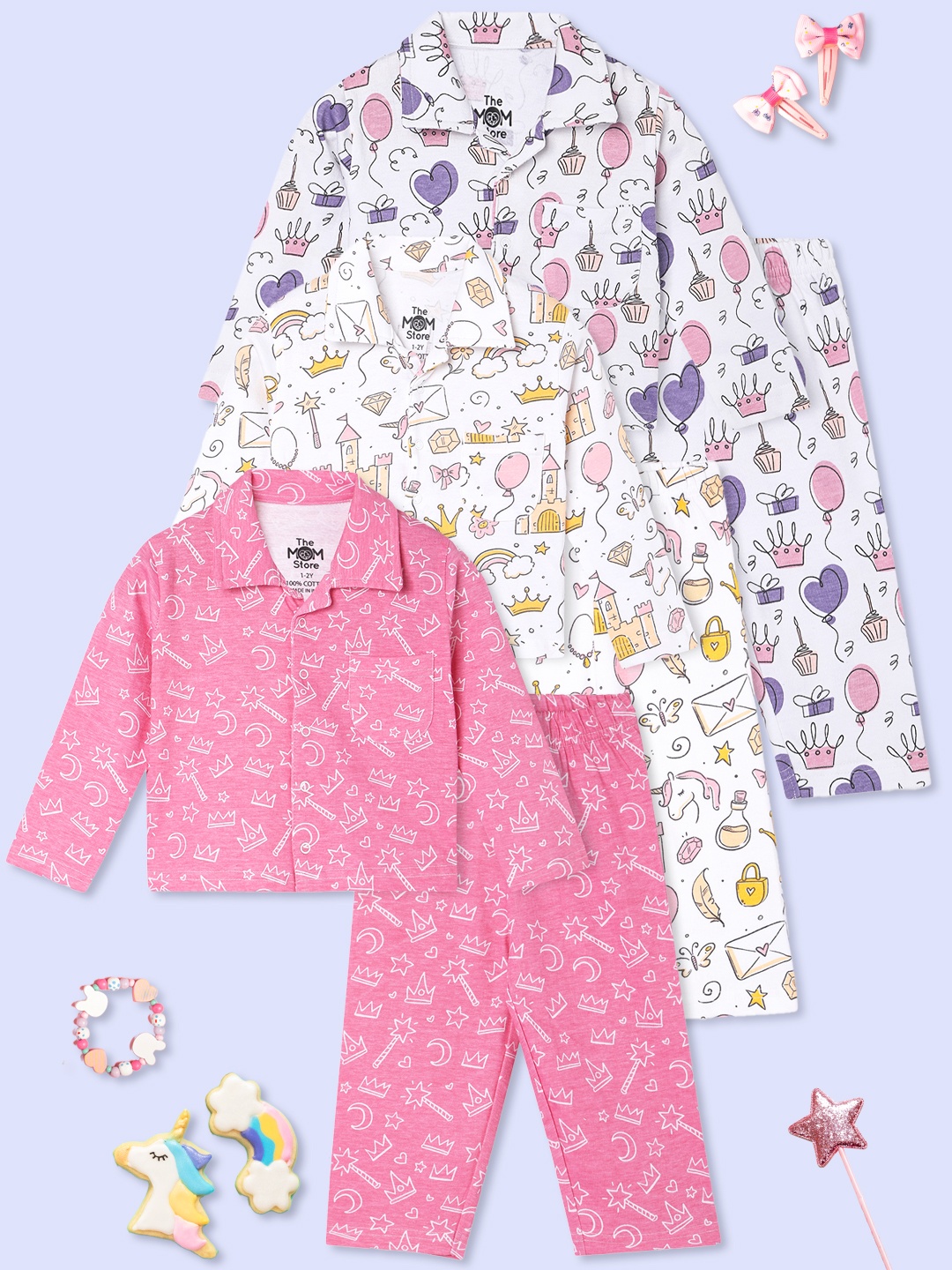 

The Mom Store Kids Printed Pure Cotton Night suit, White