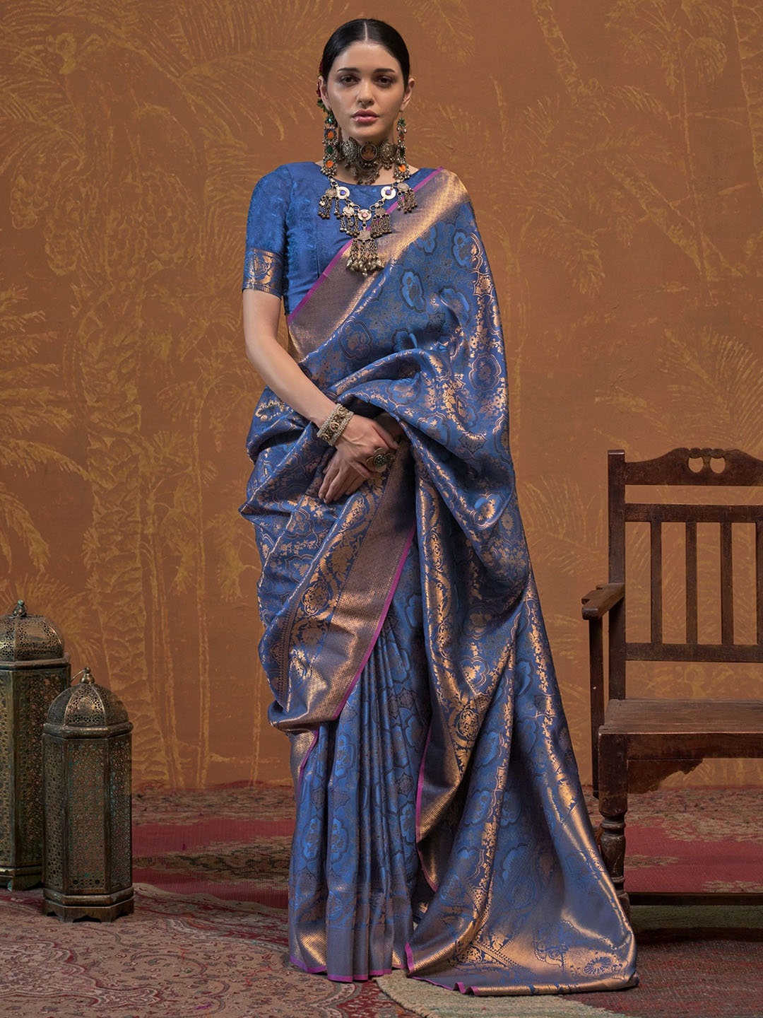 

MAHALASA Ethnic Motifs Pure Silk Kanjeevaram Saree, Blue