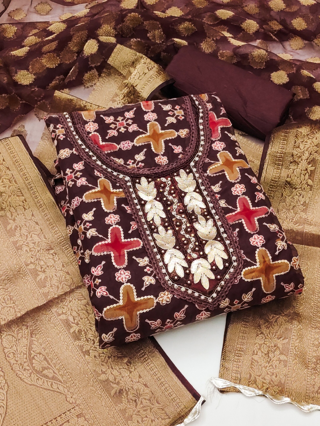 

ASISA Ethnic Motifs Embroidered Beads And Stones Unstitched Dress Material, Brown