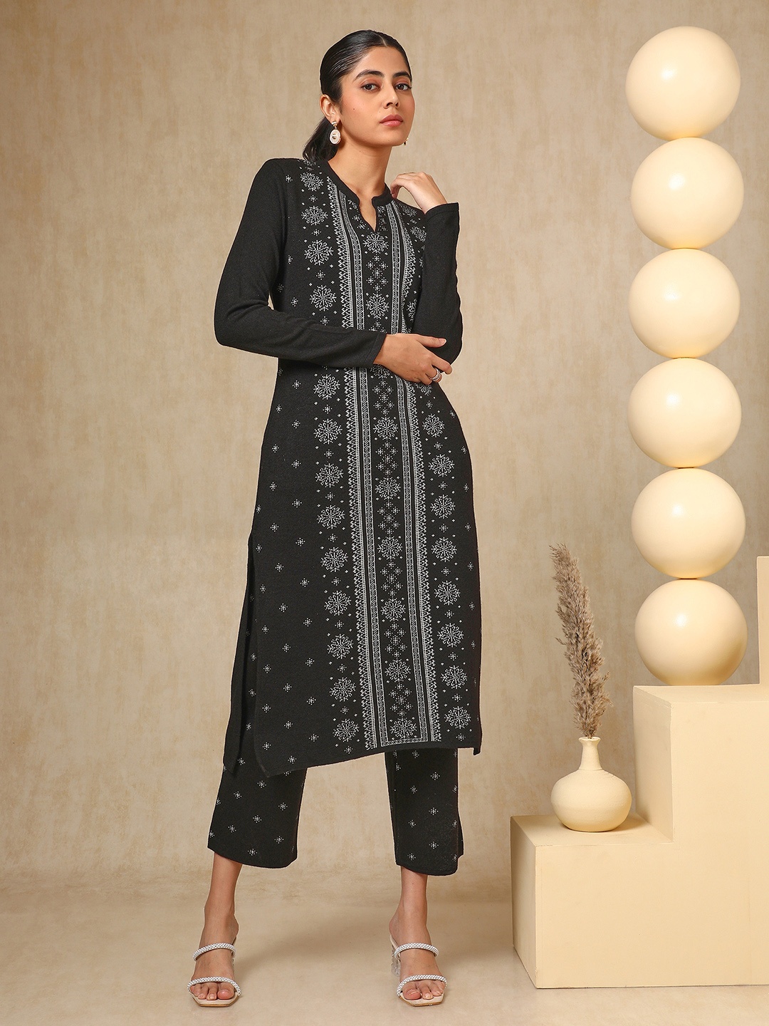 

Soch Black Floral Woven Design Mandarin Collar Acrylic Straight Kurta With Trouser