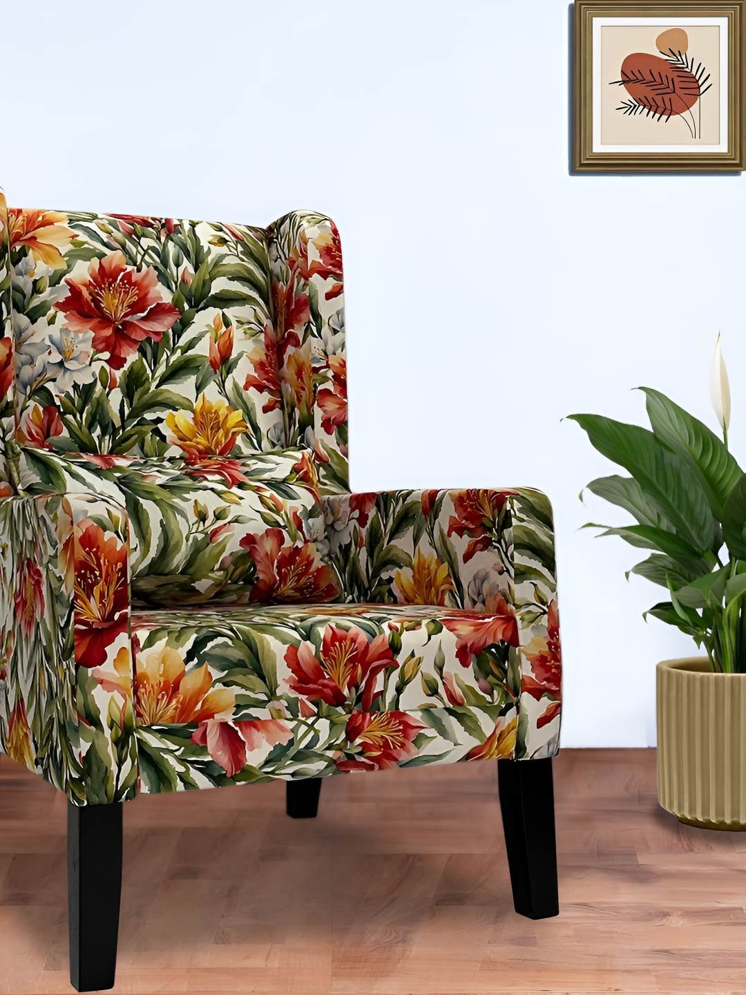 

GLOBALLY INDIAN Green & Orange Printed Wingback Wooden Arm Lounge Chair