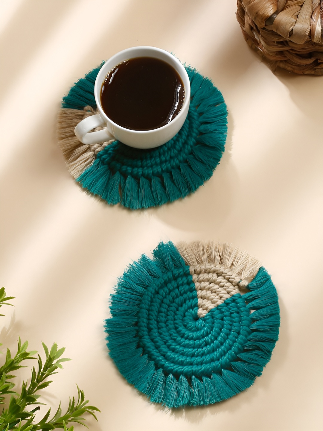 

My Creative Hut Beige and Teal Green 2 Pcs Bohomian Round Shape Macrame Coasters