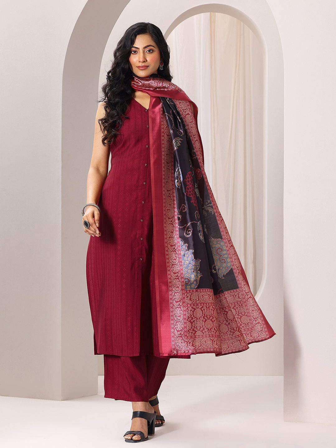 

Libas Women Panelled Kurta with Palazzos & With Dupatta, Maroon