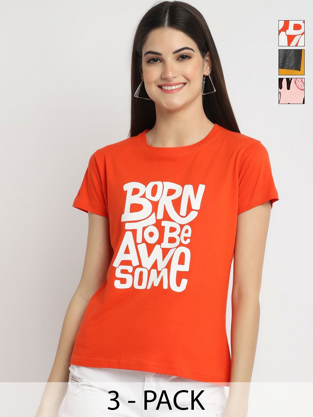 

Dreambe Women Pack Of 3 Typography Printed Round Neck Cotton T-shirts, Orange
