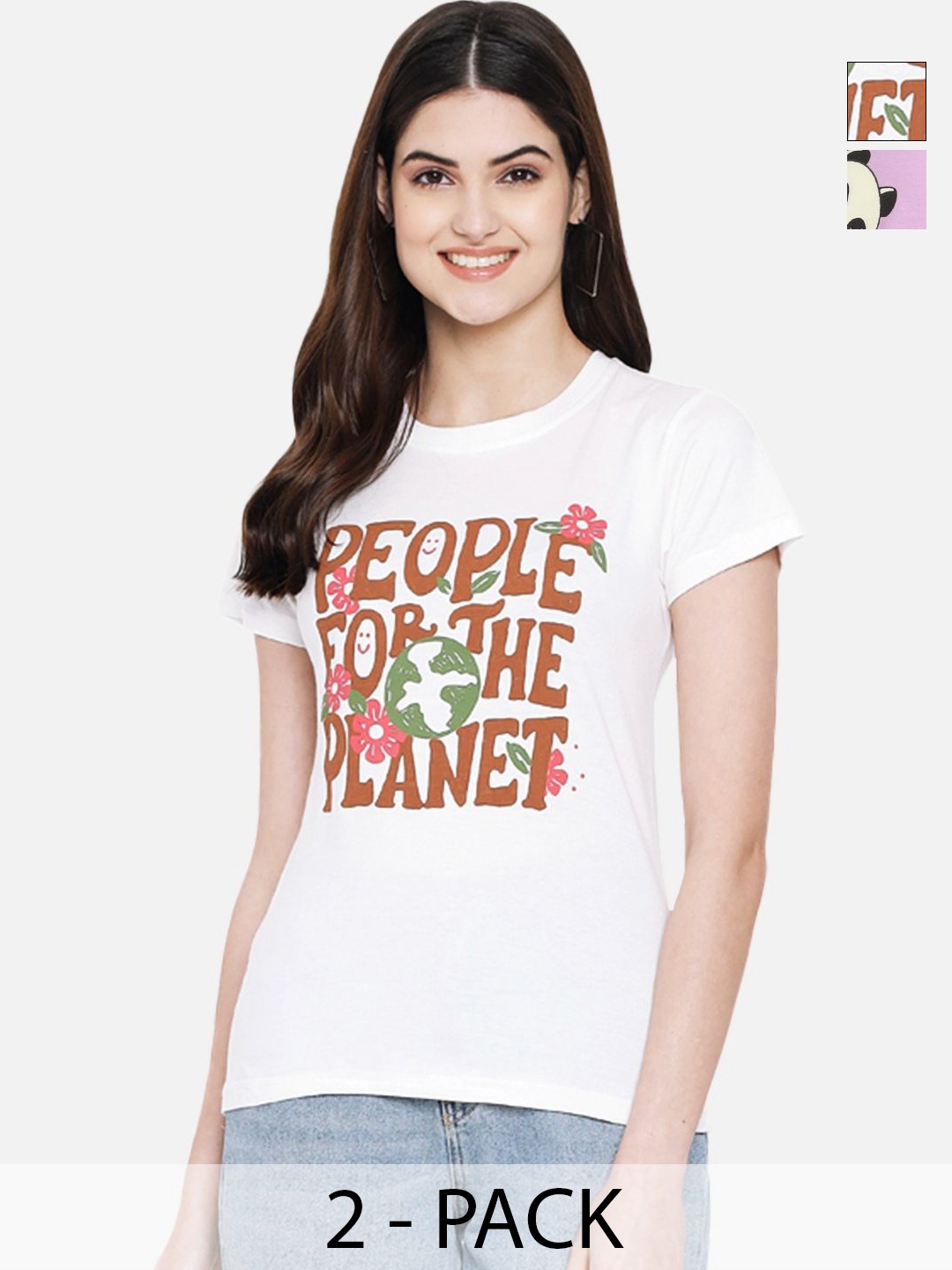 

Dreambe Women Pack Of 2 Typography Printed Round Neck Cotton T-shirts, White