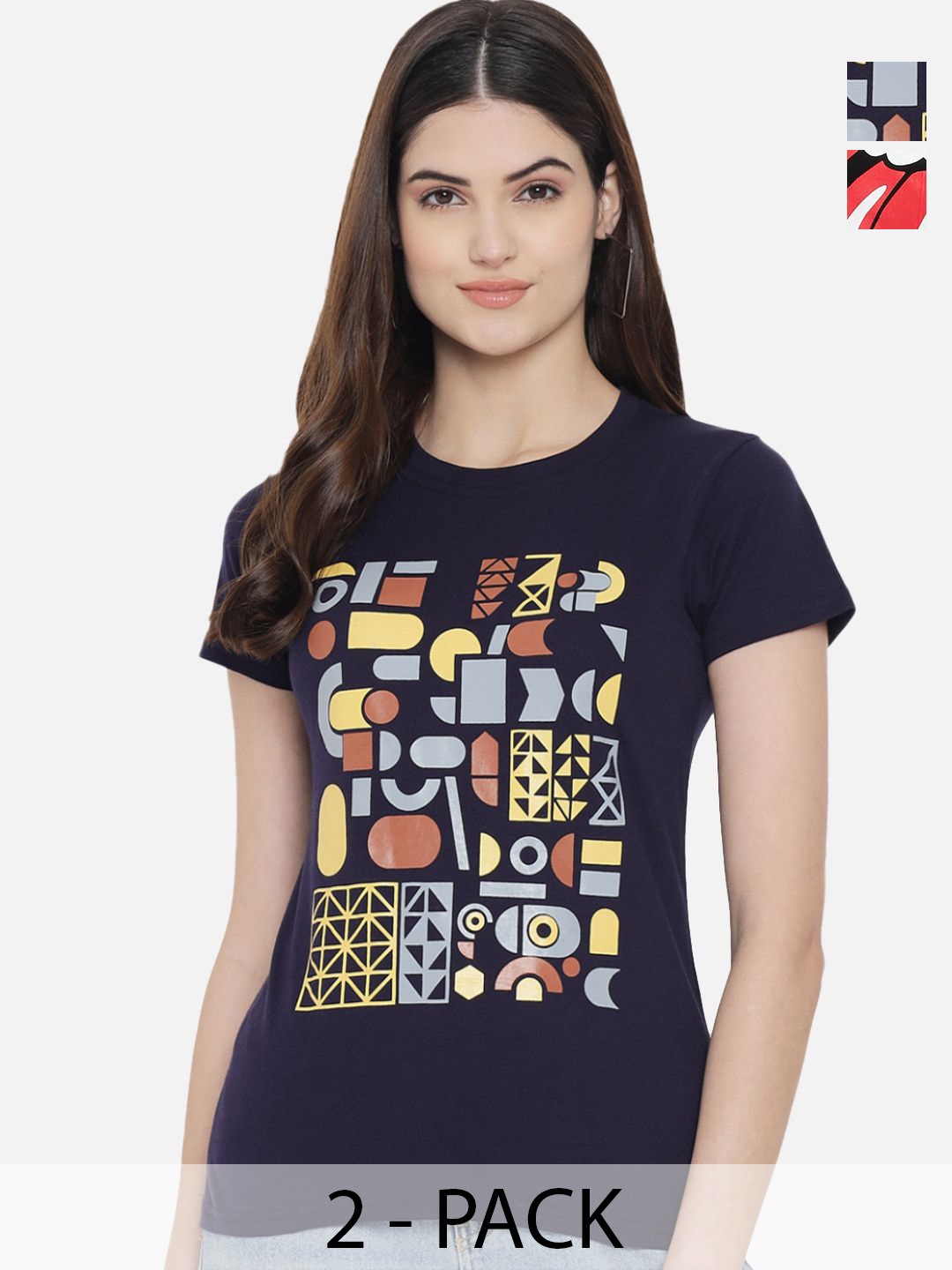 

Dreambe Women Pack Of 2 Graphic Printed Round Neck Cotton T-shirts, Navy blue
