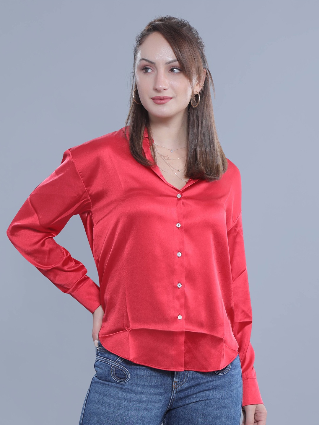 

French Theory Women Comfort Fit Spread Collar Solid Satin Casual Shirt, Red