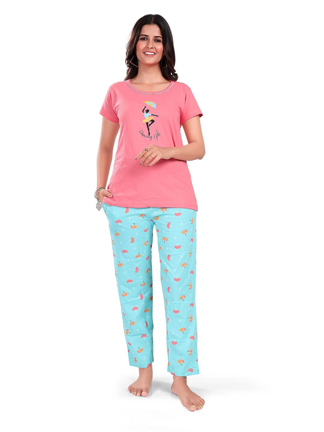

SWEET MOON Printed Round Neck T-Shirt With Pyjama, Pink