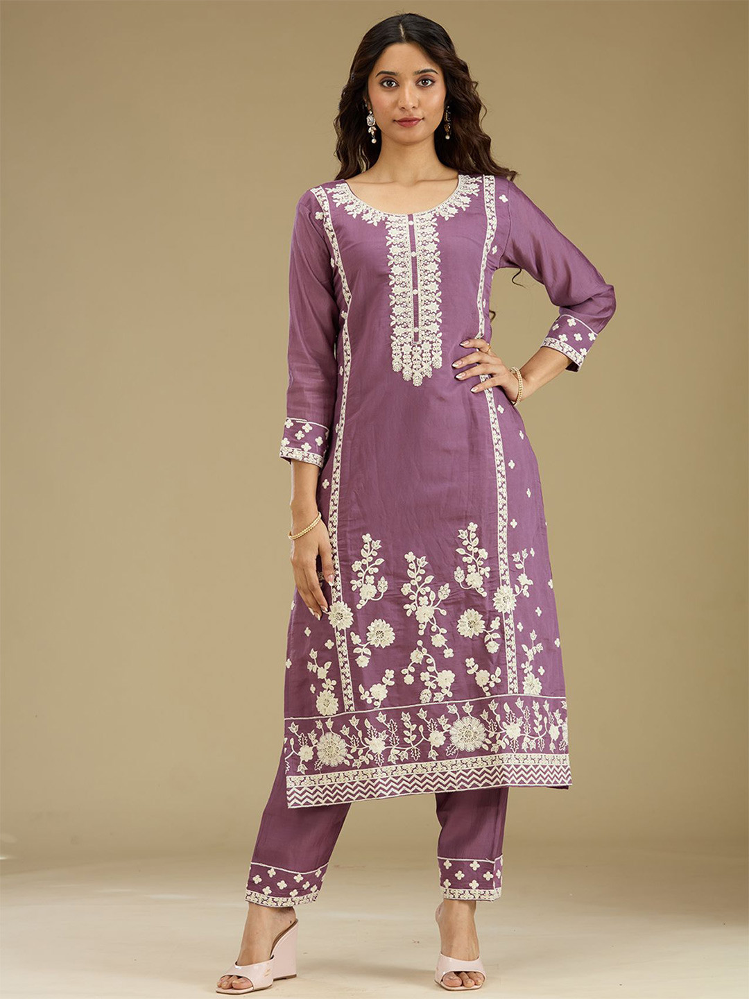 

Koskii Women Floral Embroidered Regular Thread Work Kurta with Trouser & Dupatta, Lavender