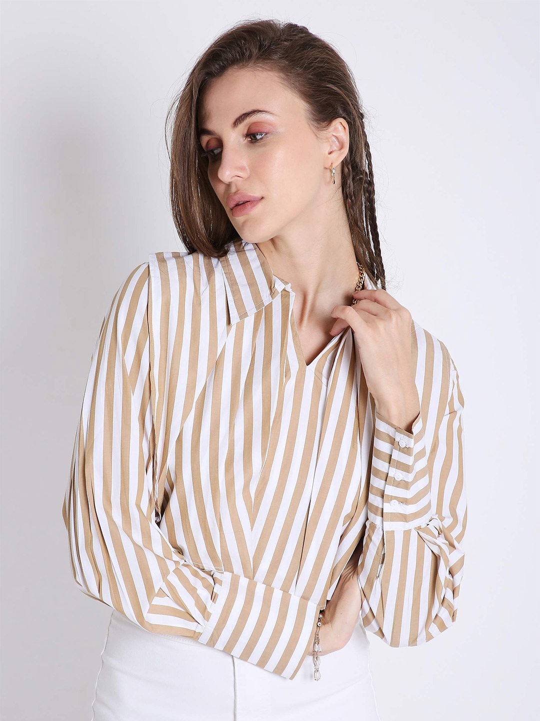 

French Theory Women Comfort Opaque Striped Casual Shirt, Beige