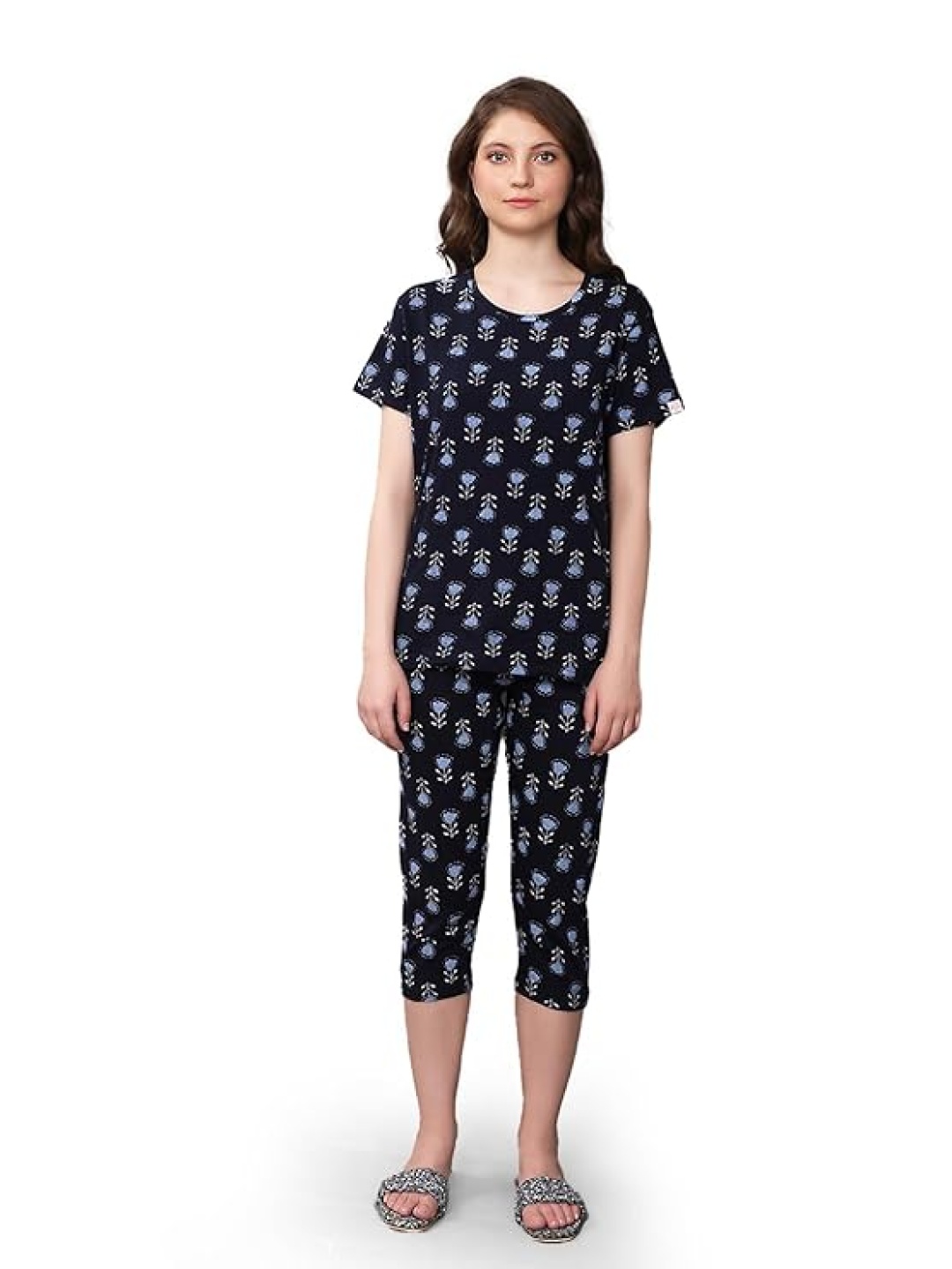 

evolove Women Floral Printed Pure Cotton Night suit, Navy blue
