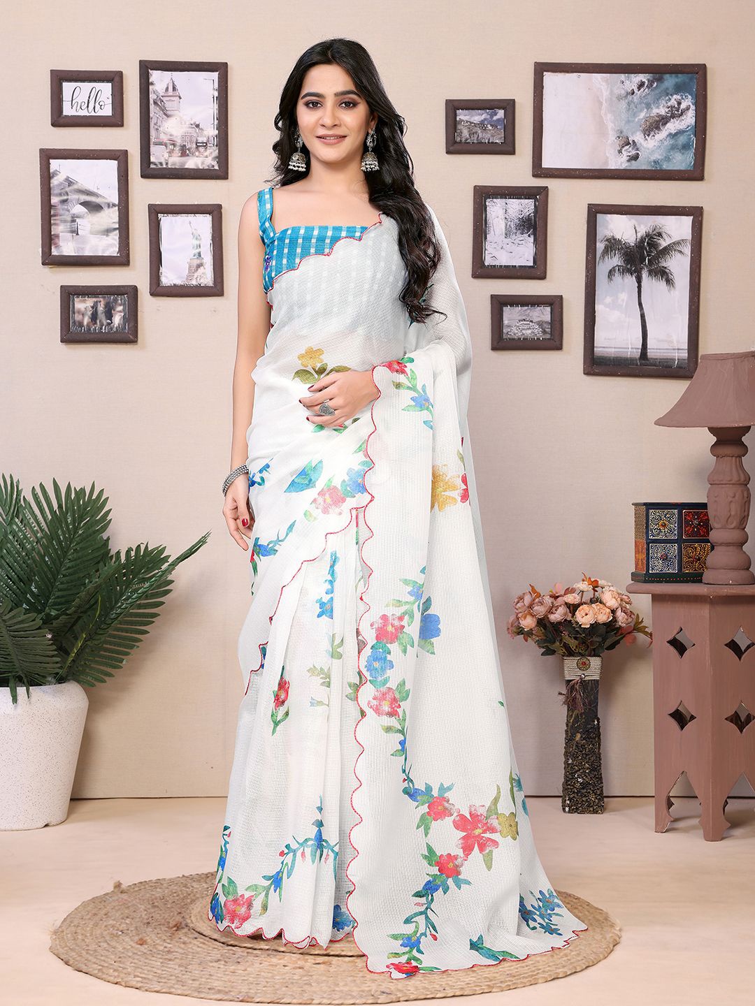 

DIVASTRI Floral Embroidered Kota Saree, White