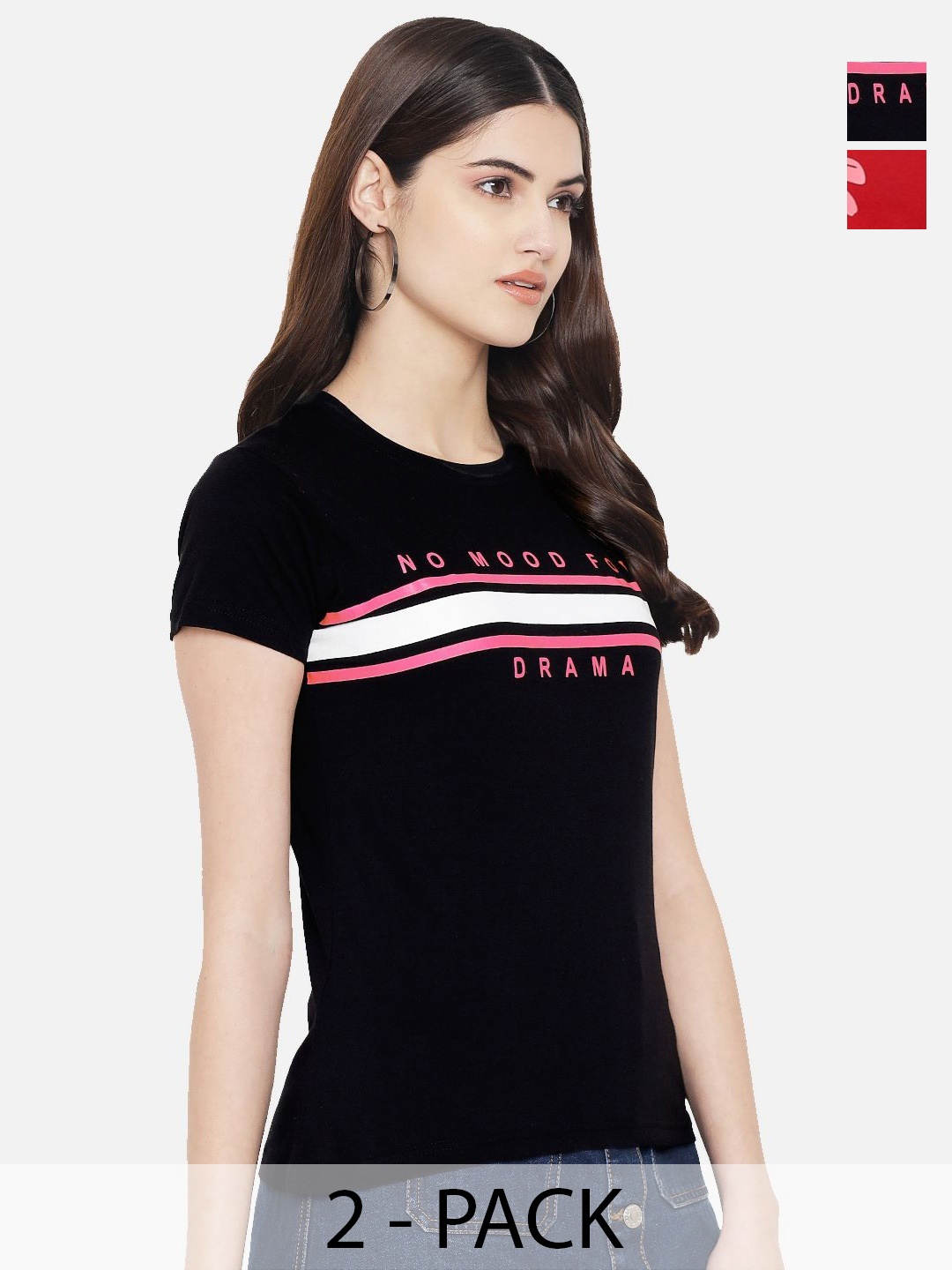 

Dreambe Women Pack Of 2 Graphic Printed Round Neck Cotton T-shirts, Black