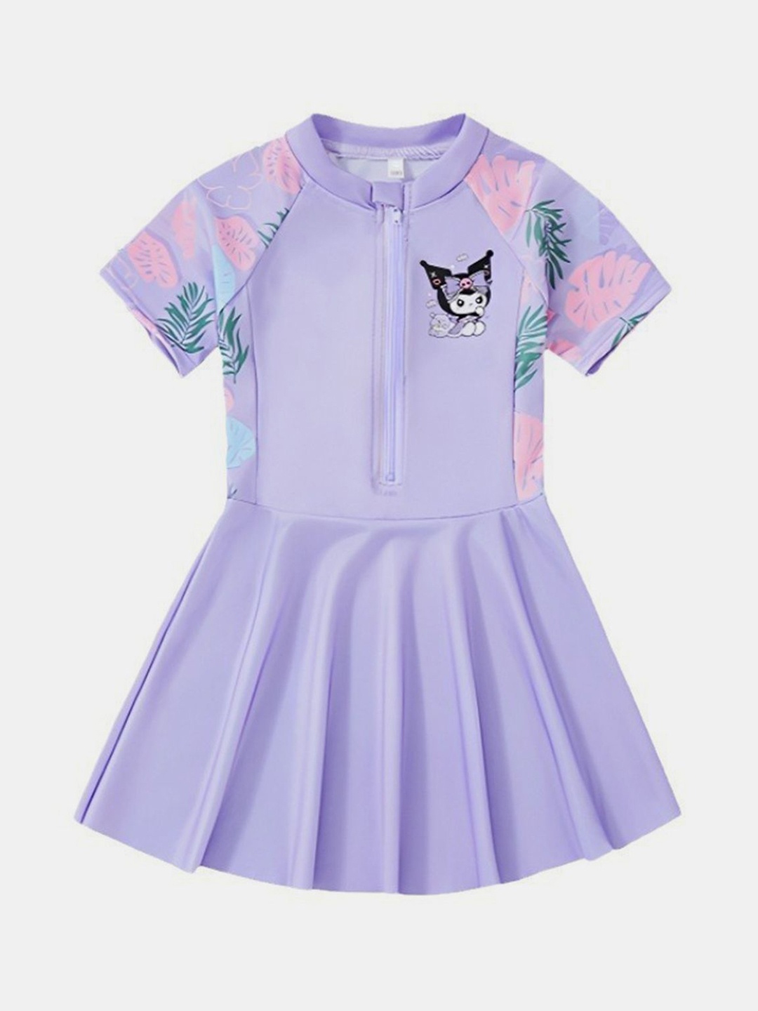 

YK Girls Printed Round Neck Swim Dress, Purple