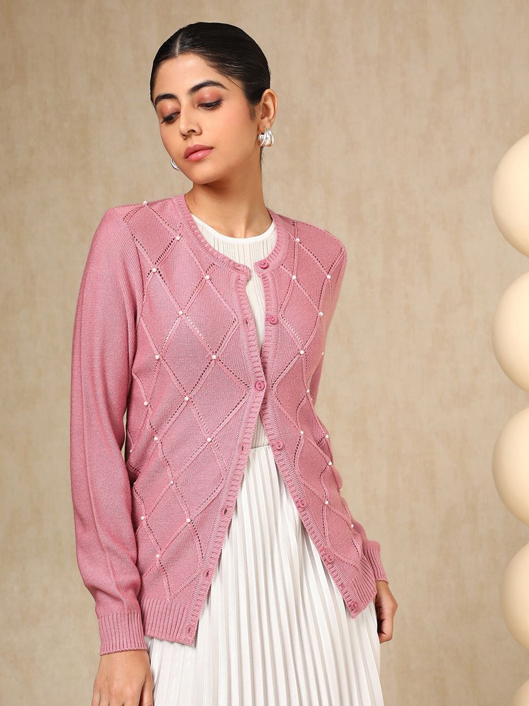 

Soch Women Acrylic Cardigan With Beads, Pink