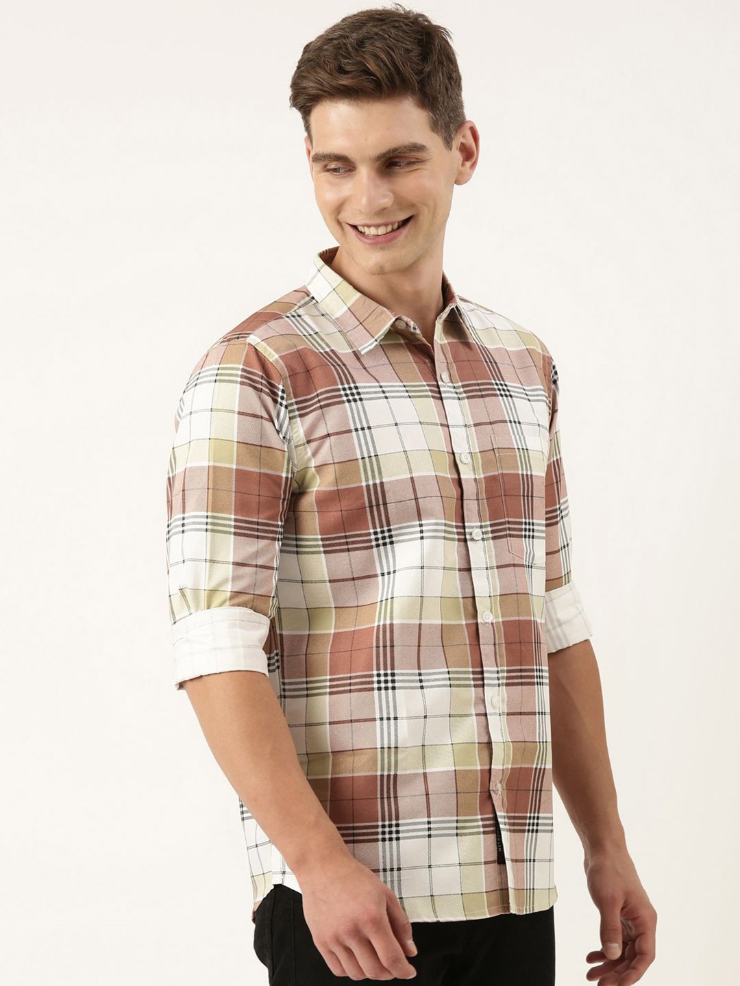 

Metronaut Men Spread Collar Tartan Checked Cotton Casual Shirt, Peach