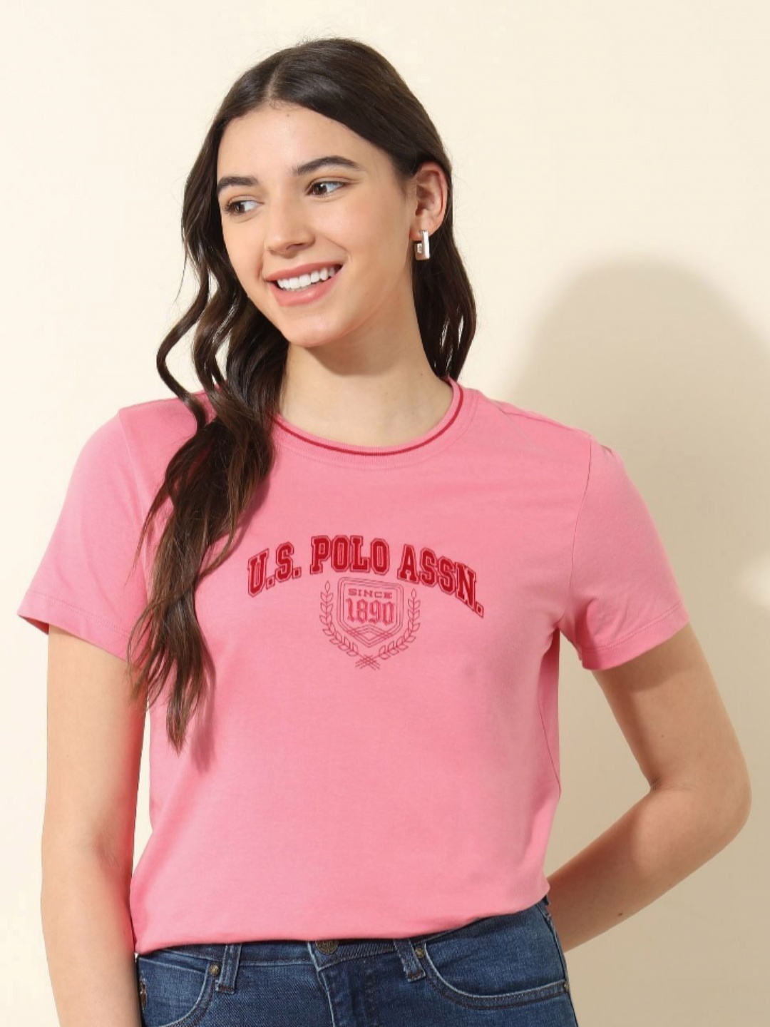 

U.S. Polo Assn. Women Women Printed Pure Cotton Applique T-shirt, Coral