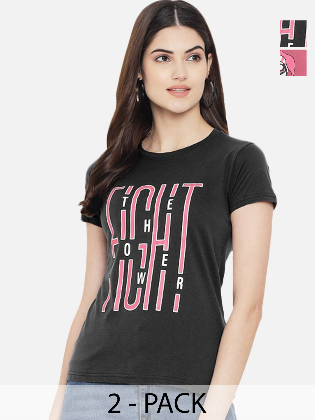 

Dreambe Women Pack Of 2 Typography Printed Round Neck Cotton T-shirts, Black