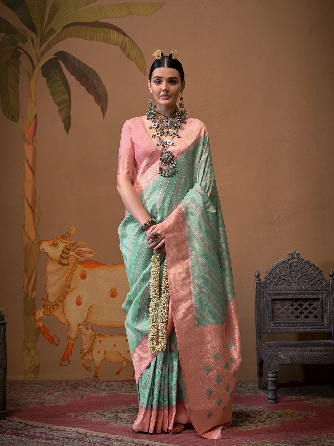

MAHALASA Woven Design Zari Pure Silk Dhoti Kanjeevaram Saree, Sea green
