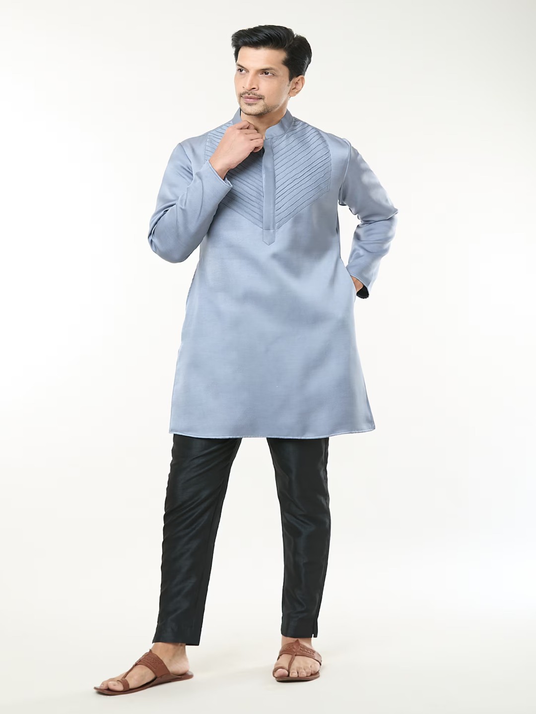 

RNG Safawala Mandarin Collar Pure Cotton Kurta With Trousers, Blue