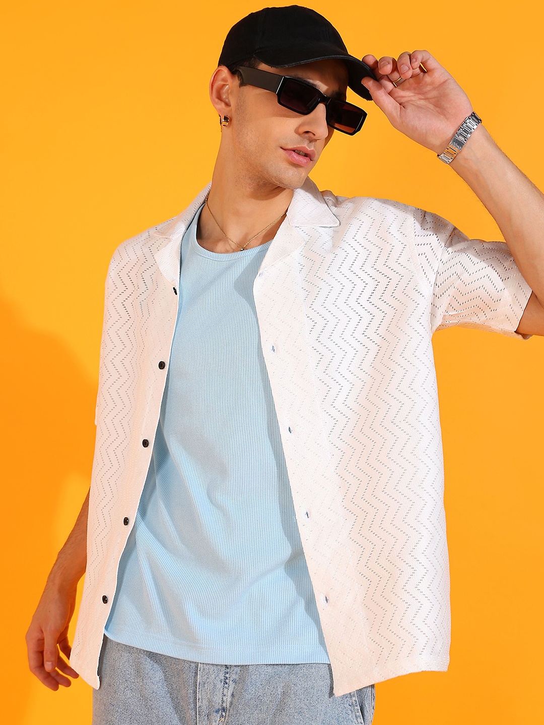 

INDICLUB Men Relaxed Fit Cuban Collar Textured Casual Shirt, White
