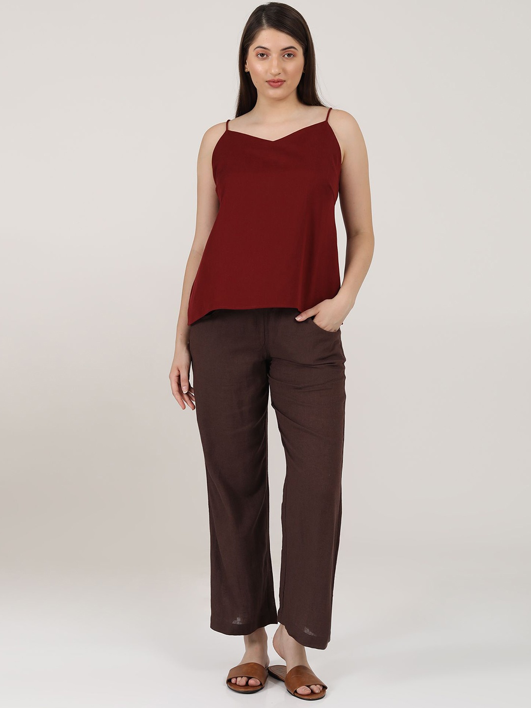 

Saltpetre Slip Top With Straight Pants Co-Ords, Maroon
