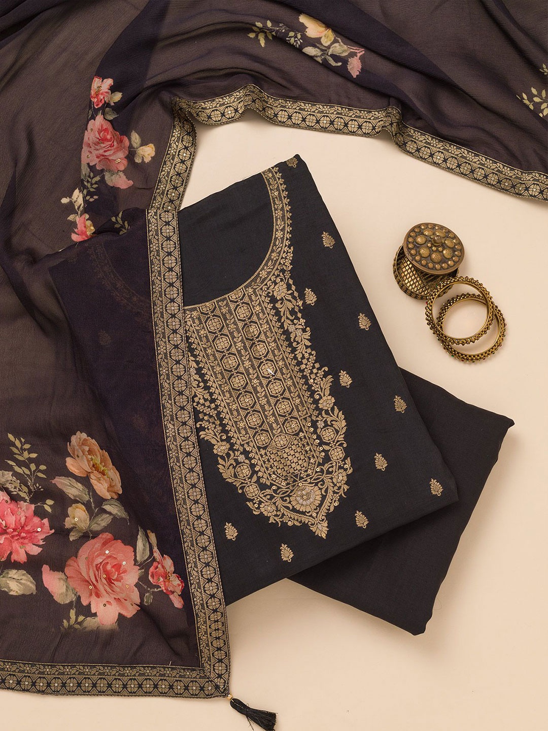 

Koskii Floral Embroidered Zari Unstitched Dress Material, Black