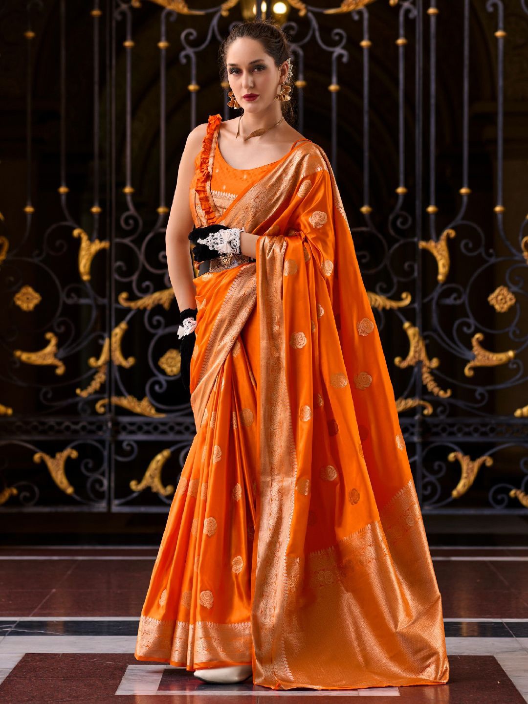 

LeeliPeeri Designer Ethnic Motifs Zari Satin Saree, Orange