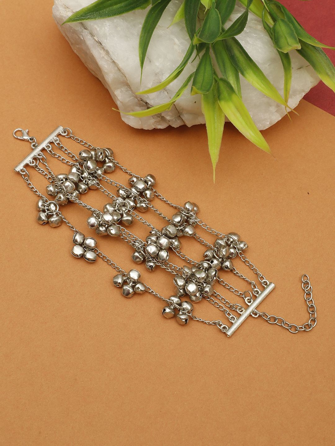 

VIVAZS Silver-Plated Multi-Layered Gungroo Oxidised Link Bracelet