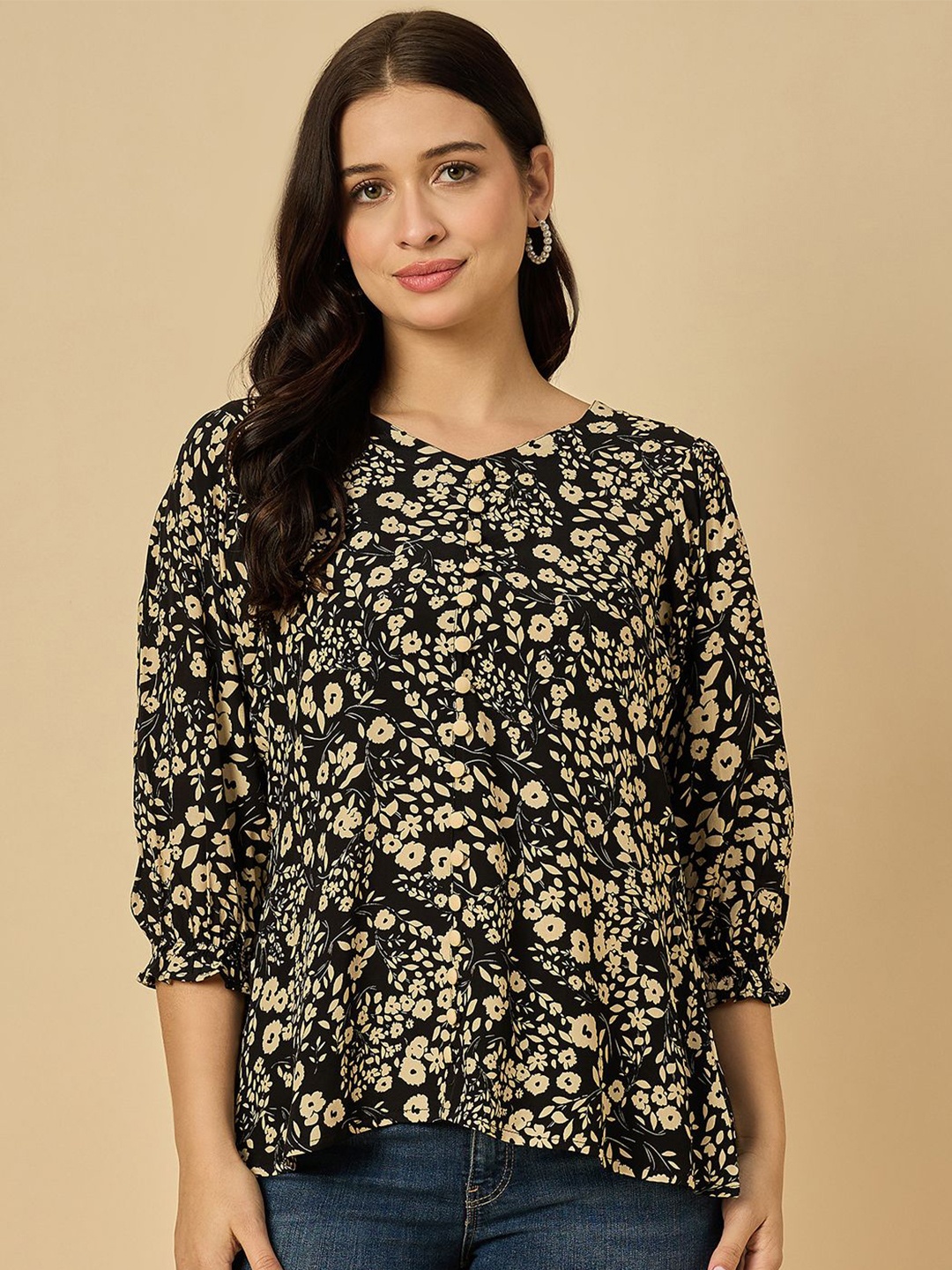 

Azira Women Floral Printed Puff Sleeve Top, Black