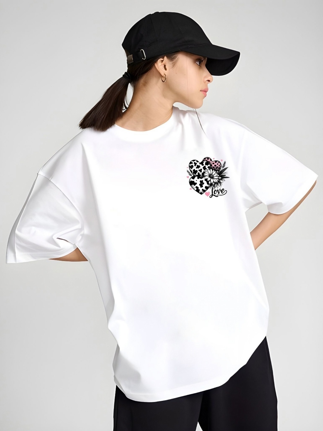 

SZN Women Graphic Printed Round Neck Cotton Oversized T-shirt, White