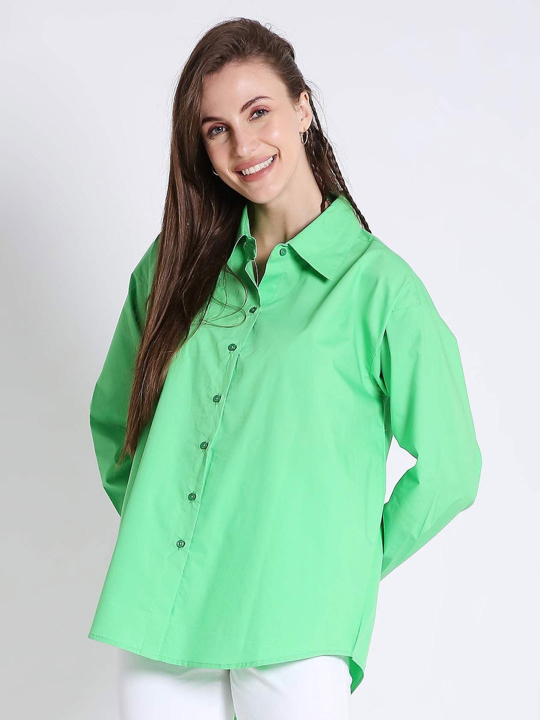 

French Theory Women Comfort Relaxed Fit Spread Collar Solid Cotton Casual Shirt, Green