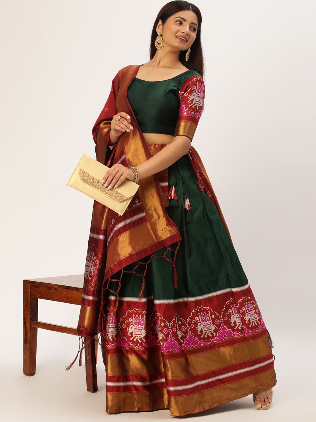 

MAGMINA Woven Design Unstitched Lehenga & Blouse With Dupatta, Green