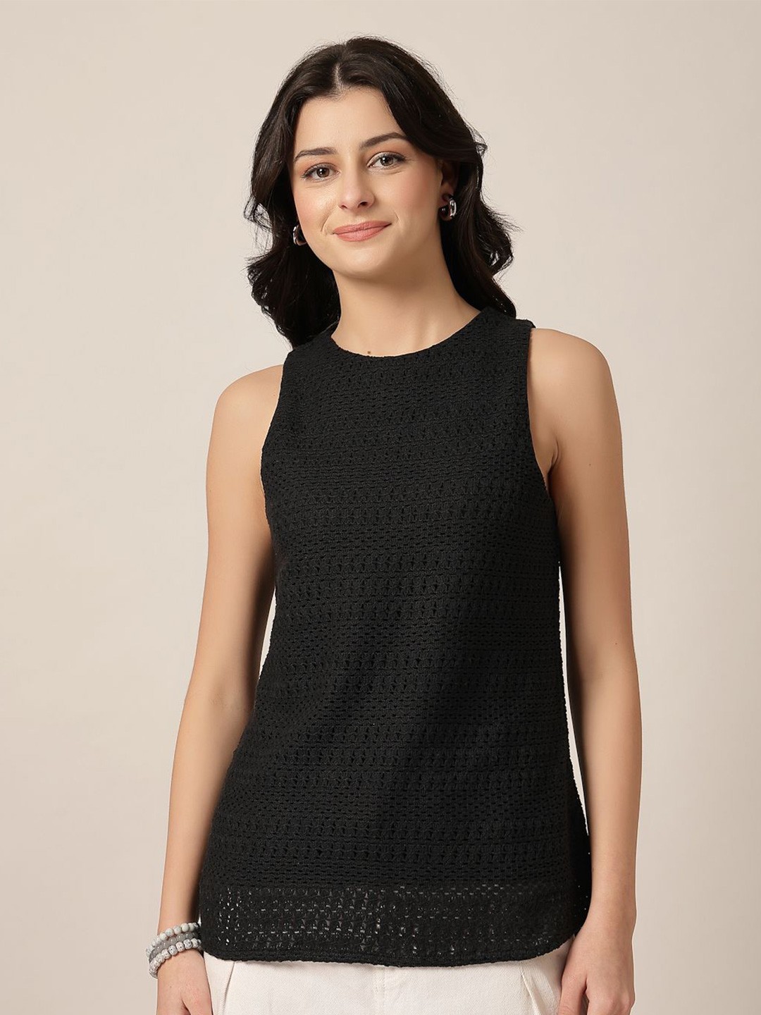 

Style Quotient Women Self Design Round Neck Cotton LaceTop, Black