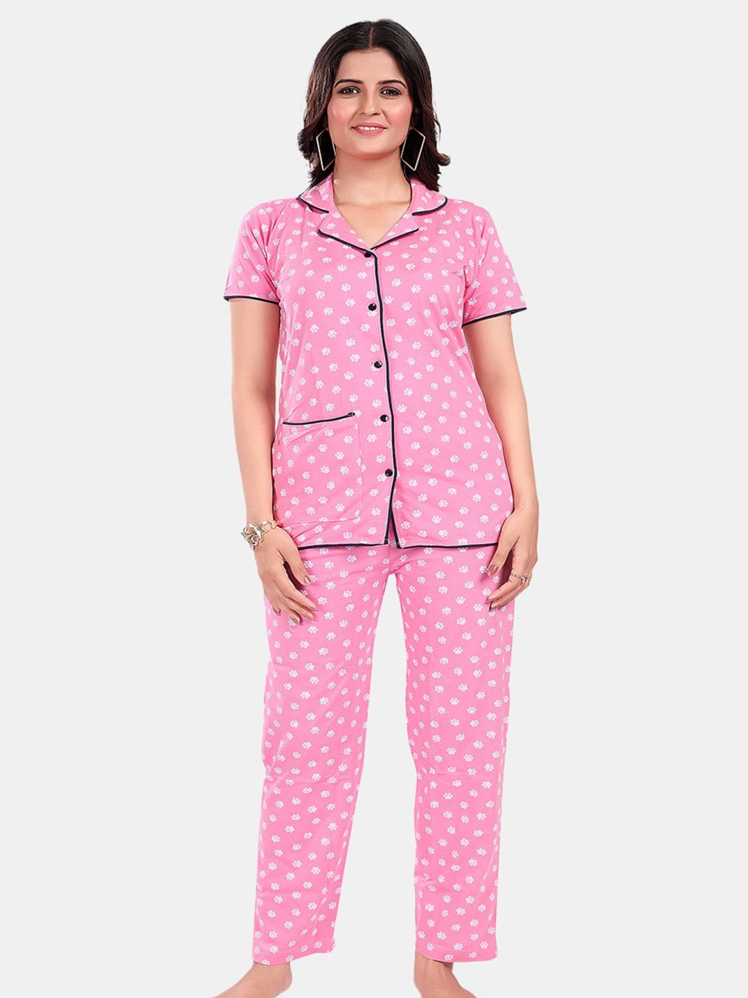 

SWEET MOON Printed Shirt With Pyjama Night suit, Pink